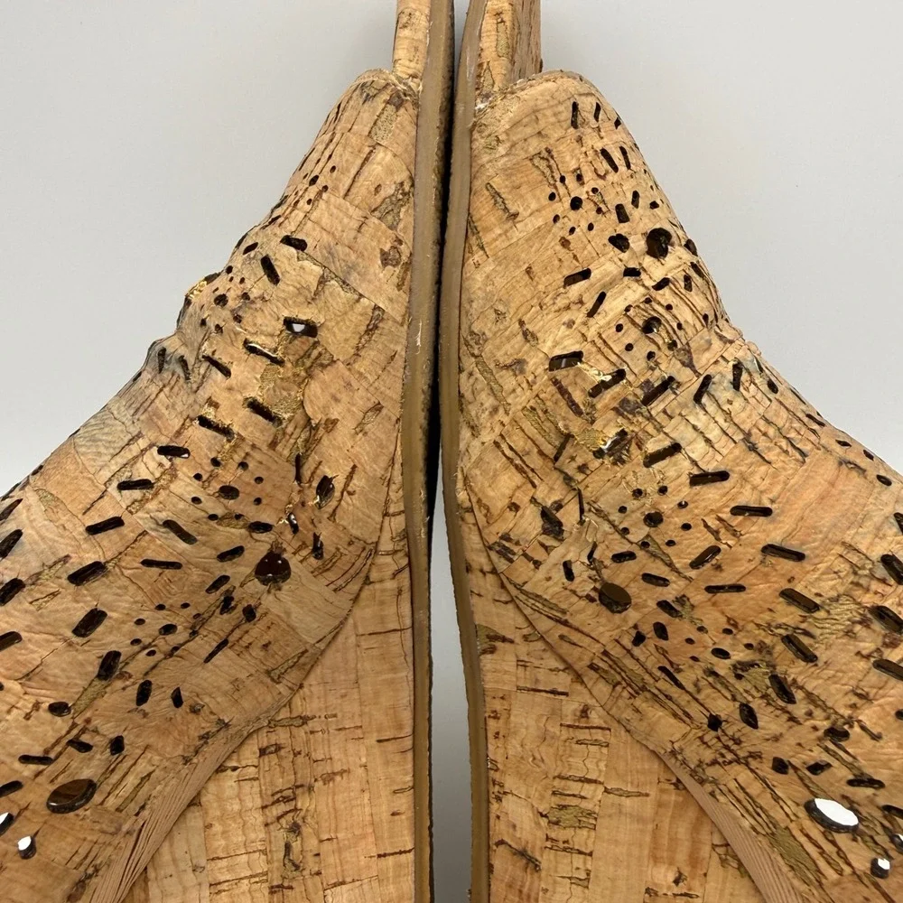 Jack Rogers‎ Wedge Sandals Womens 8 Tan Cork Laser Cut Scalloped Peep Toe Mules